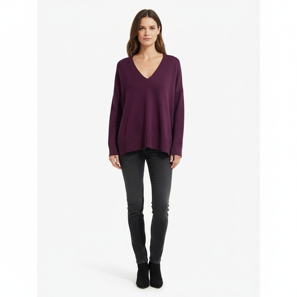 Eileen Fisher Merino Wool Sweater Burgundy Purple Boxy V-Neck Cozy Women’s Large